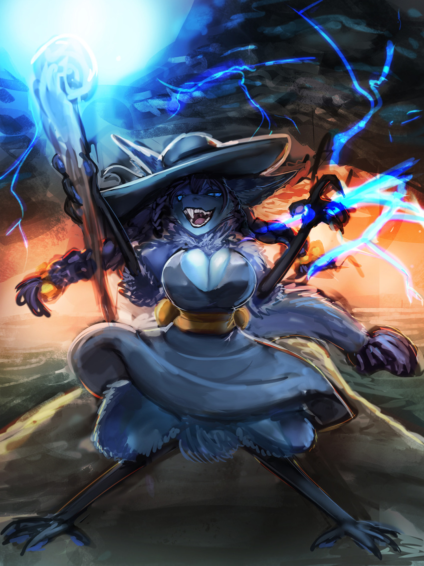 anthro big_breasts blue_body blue_fur braided_hair breasts clothing dress female fur general-irrelevant hair hat headgear headwear hi_res holding_object holding_staff magic mammal open_mouth out-of-placers smile solo staff webcomic yinglet