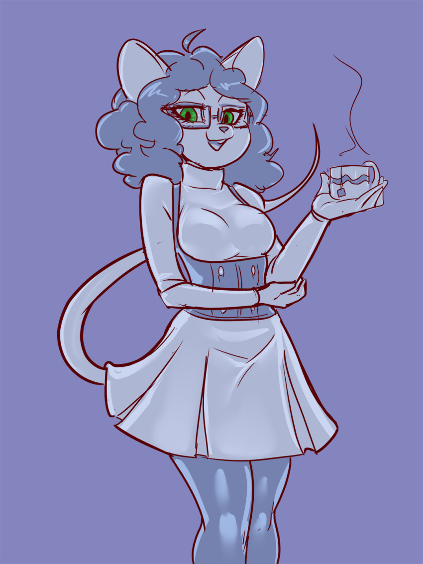 anthro breasts clothing container cup digital_media_(artwork) dress eyewear female general-irrelevant glasses green_eyes hi_res holding_cup holding_object holding_tea_cup looking_at_viewer mammal margaret_de_campos mice_tea mouse murid murine open_mouth rodent simple_background smile solo tea_cup