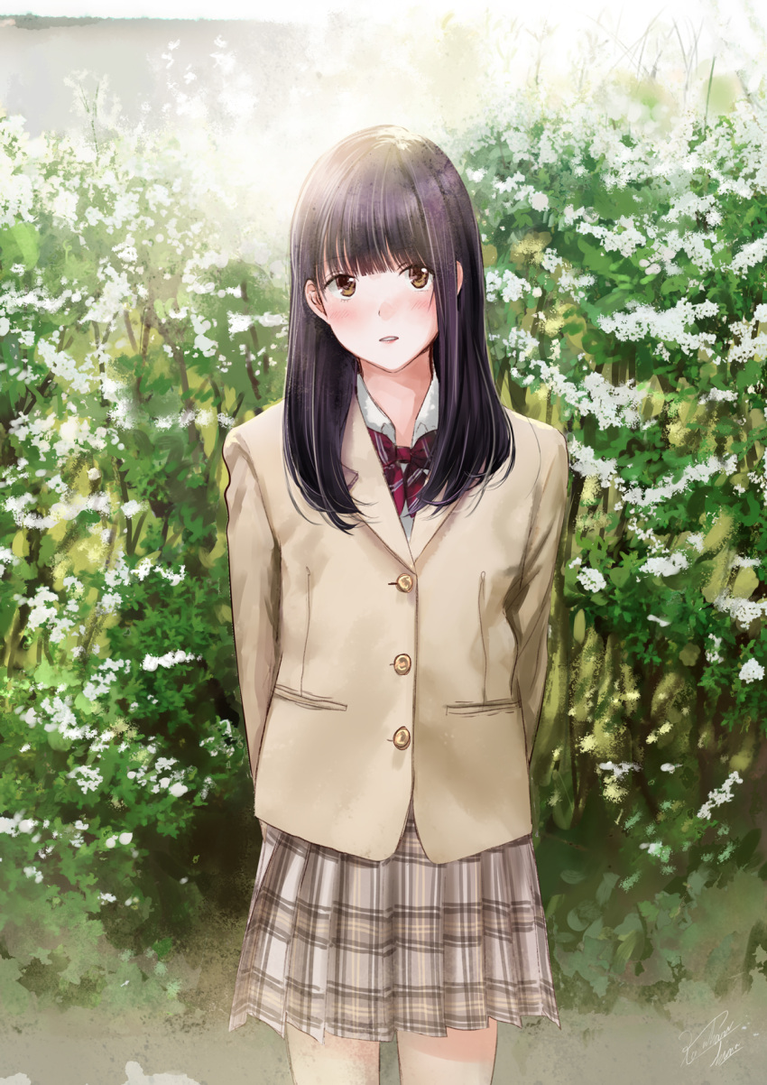 1girl bangs black_hair blazer blunt_bangs blush bow bowtie collared_shirt highres jacket kazuharu_kina long_hair looking_at_viewer original outdoors parted_lips plaid plaid_skirt pleated_skirt red_bow red_bowtie school_uniform shirt skirt solo standing uniform yellow_eyes