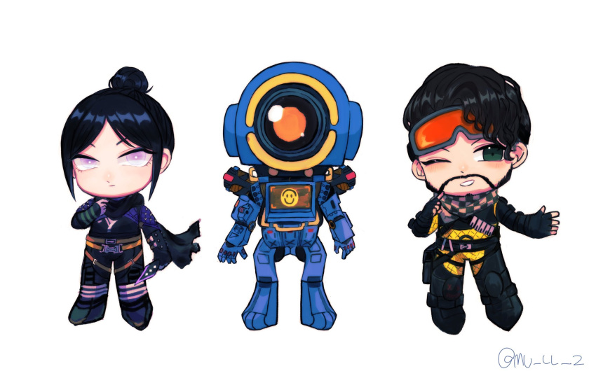1girl 2boys apex_legends black_bodysuit black_gloves black_hair black_scarf bodysuit brown_hair checkered_clothes checkered_scarf facial_hair fingerless_gloves gloves goatee goggles goggles_on_head green_eyes green_scarf hair_bun highres holding holding_knife humanoid_robot knife kunai mirage_(apex_legends) mull_(mu_ll_2) multiple_boys one-eyed one_eye_closed open_hand pathfinder_(apex_legends) purple_eyes scarf science_fiction smile weapon wraith's_kunai wraith_(apex_legends) yellow_bodysuit