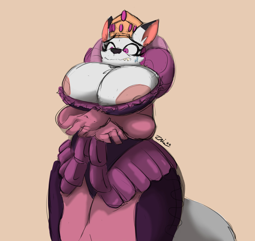 2022 absurd_res anthro big_breasts bodily_fluids breast_expansion breasts canid canine clothed clothing concerned crown dress expansion female fox hi_res huge_breasts iniquity mammal nakhta nipples purple_eyes queen royalty solo sweat the_pirate's_fate