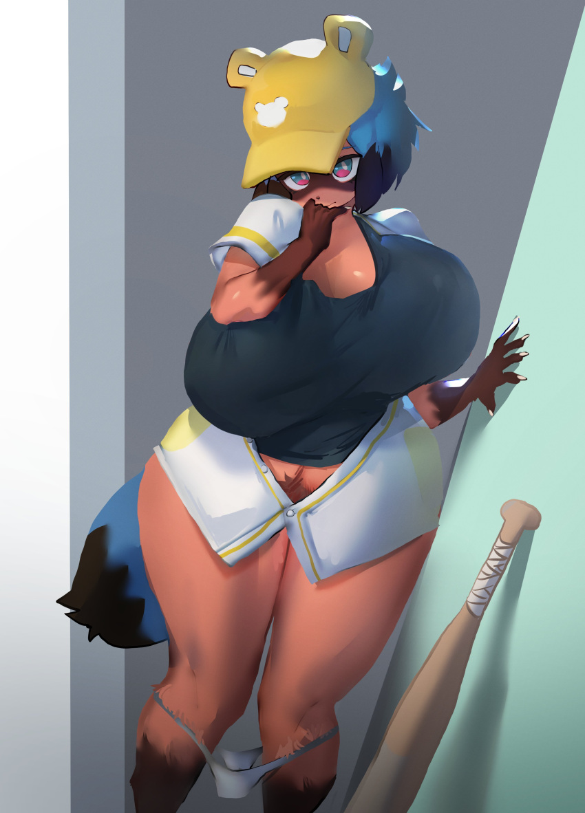 5_fingers absurd_res anthro baseball_bat baseball_cap bat_(object) big_breasts biped black_body black_clothing black_fur black_hair black_shirt black_tail black_topwear blue_body blue_eyes blue_fur blue_hair blue_tail bottomwear brand_new_animal breasts brown_body brown_fur brown_nose canid canine clothed clothing colored colored_nails curvy_figure digital_media_(artwork) dipstick_tail female fingers front_view fur glistening glistening_breasts gloves_(marking) hair hat headgear headwear hi_res huge_breasts humanoid_hands kemono leg_markings looking_at_viewer mammal markings michiru_kagemori miniskirt multicolored_body multicolored_fur multicolored_hair multicolored_tail nails panties panties_around_legs panties_down partially_clothed portrait raccoon_dog shaded shirt short_hair skimpy skirt socks_(marking) solo standing studio_trigger tail_markings tanuki thick_thighs three-quarter_portrait topwear two_tone_hair two_tone_tail underwear underwear_down utterangle voluptuous white_bottomwear white_clothing white_nails white_skirt wide_hips