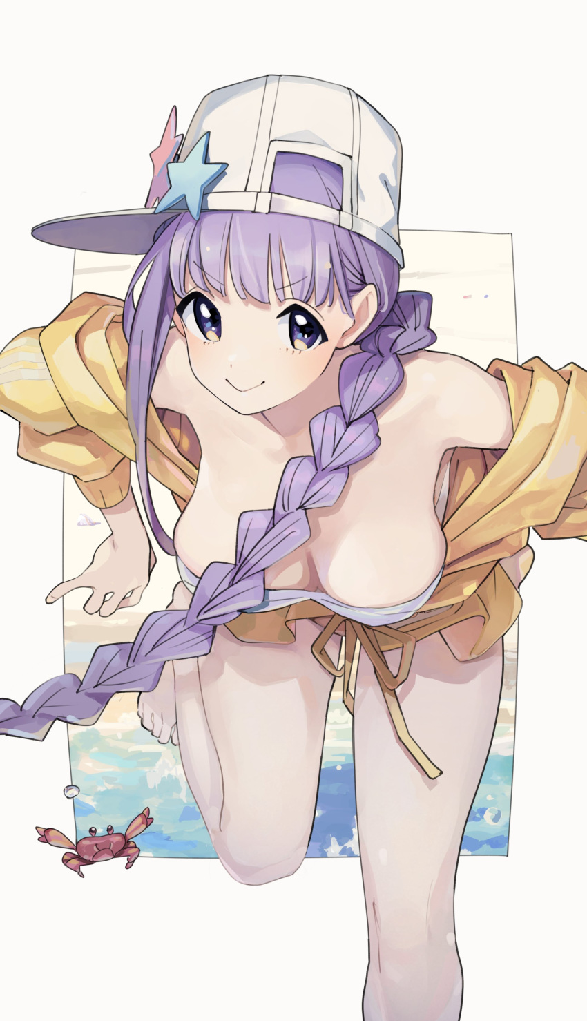 1girl absurdres asymmetrical_hair bandeau bangs bare_shoulders baseball_cap bb_(fate) bb_(swimsuit_mooncancer)_(fate) bb_(swimsuit_mooncancer)_(first_ascension)_(fate) blush braid breasts cleavage collarbone crab cropped_jacket fate/grand_order fate_(series) hat hat_ornament highres jacket large_breasts leaning_forward long_hair long_sleeves looking_at_viewer midriff miniskirt purple_eyes purple_hair single_braid skirt smile solo star_(symbol) star_hat_ornament thighs urayamashiro_(artist) very_long_hair white_headwear yellow_jacket yellow_skirt