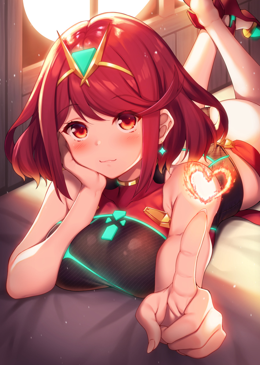 1girl absurdres bangs bare_shoulders blush breasts earrings fire heart highres jewelry large_breasts looking_at_viewer lying on_stomach one-piece_swimsuit pyra_(pro_swimmer)_(xenoblade) pyra_(xenoblade) raiou red_eyes red_hair short_hair smile solo swept_bangs swimsuit tiara xenoblade_chronicles_(series) xenoblade_chronicles_2