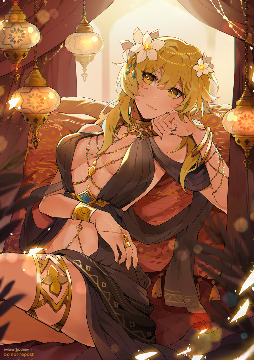1girl armlet artist_name black_dress black_nails blonde_hair bracelet breasts cleavage closed_mouth diamond_(shape) dress eyebrows_visible_through_hair flower genshin_impact hair_flower hair_ornament highres jewelry large_breasts looking_to_the_side lumine_(genshin_impact) nail_polish quinny_il short_hair_with_long_locks sitting solo tassel thighlet yellow_eyes