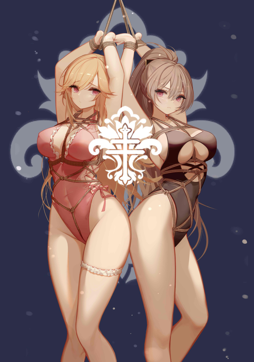 2girls absurdres alternate_costume armpits arms_up azur_lane bdsm black_background blonde_hair blue_background bondage bound bound_wrists breasts cleavage cleavage_cutout clothing_cutout crotch_rope curvy grey_hair highleg highleg_swimsuit highres jean_bart_(azur_lane) large_breasts leg_garter looking_at_viewer multiple_girls official_alternate_costume red_eyes restrained richelieu_(azur_lane) richelieu_(fleuron_of_the_waves)_(azur_lane) simple_background swimsuit thigh_strap thighs yuuraku_yuraku