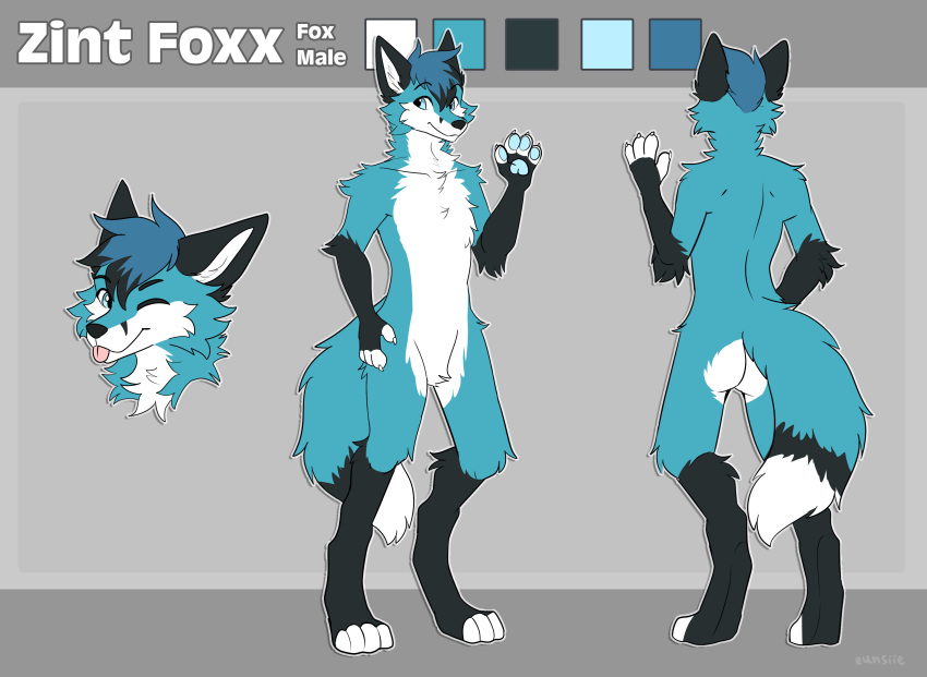 2021 absurd_res anthro black_body black_fur blue_body blue_eyes blue_fur canid canine digital_media_(artwork) digitigrade english_text eunsiie fox fur hi_res male mammal model_sheet signature solo teampawsmc text tongue tongue_out white_body white_fur zint_foxx