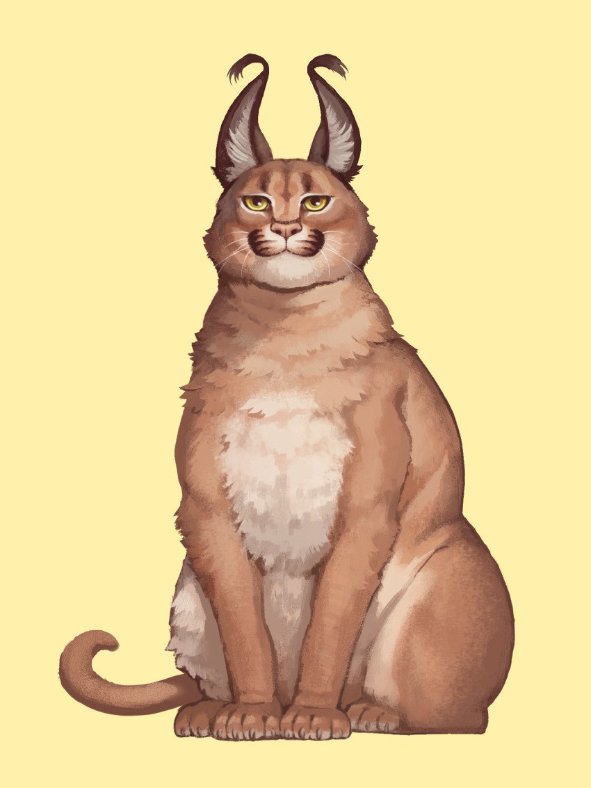 3:4 4_toes all_fours ambiguous_gender brown_body brown_fur caracal caracal_(genus) ear_tuft feet felid feline feral fur hi_res inner_ear_fluff mammal nisimawari quadruped simple_background solo toes tuft whiskers yellow_background yellow_eyes