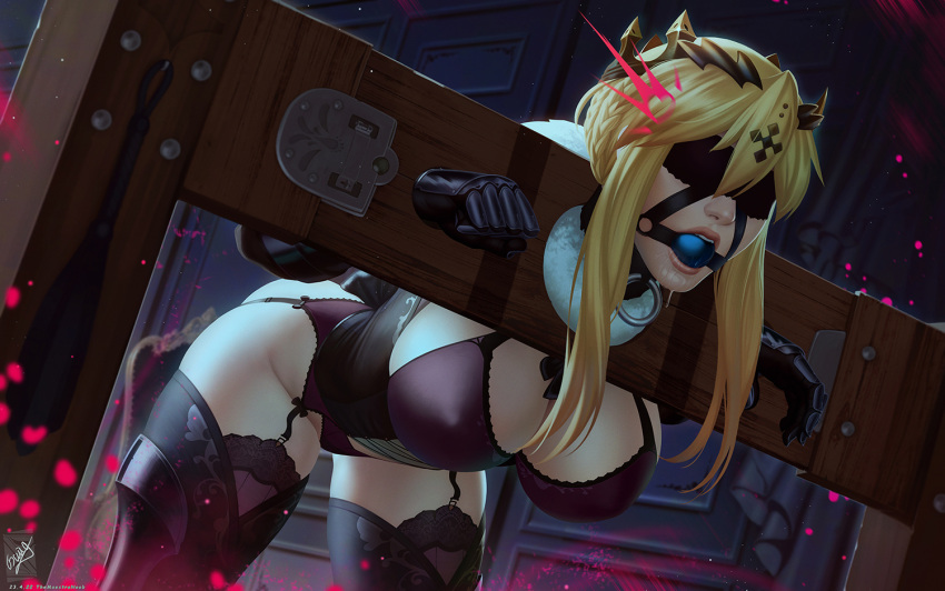 1girl armored_boots artoria_pendragon_(fate) artoria_pendragon_(lancer)_(fate) ball_gag bdsm bent_over black_blindfold blindfold blonde_hair boots bra braid breasts character_request corset covered_nipples cross crown drooling english_commentary fate/grand_order fate_(series) french_braid gag gauntlets hair_between_eyes hair_bun hanging_breasts lace-trimmed_bra lace-trimmed_legwear lace_trim large_breasts lingerie lips nose o-ring one_eye_covered pale_skin panties purple_bra purple_eyes purple_garter_belt purple_panties saliva short_hair_with_long_locks skindentation solo stocks themaestronoob thigh_boots thighhighs thighhighs_under_boots underwear