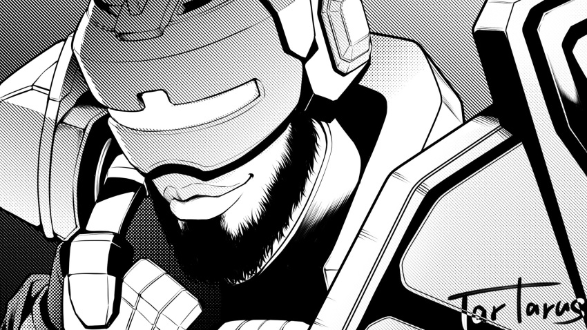 1boy apex_legends armor artist_name greyscale helmet highres looking_down male_focus monochrome newcastle_(apex_legends) portrait smile solo tartarus_(rx7anfini) thick_lips visor