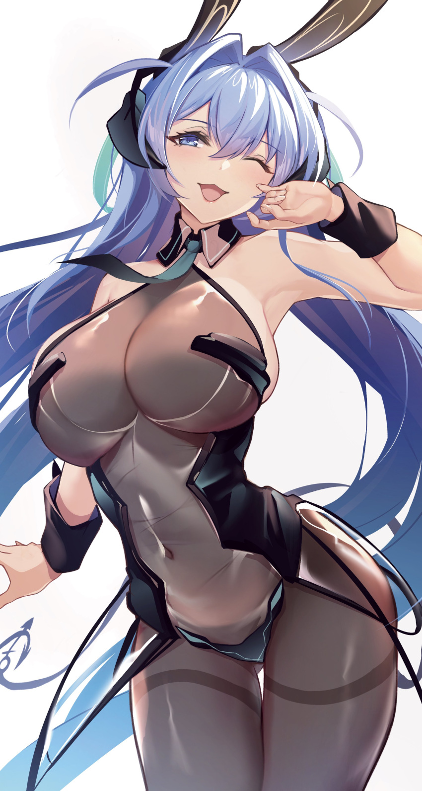 1girl absurdres azur_lane blue_eyes blue_hair breasts eyebrows_visible_through_hair highres long_hair necktie new_jersey_(azur_lane) new_jersey_(exhilarating_steps!)_(azur_lane) one_eye_closed open_mouth playboy_bunny rikiddo_(tise_00) smile tagme white_background