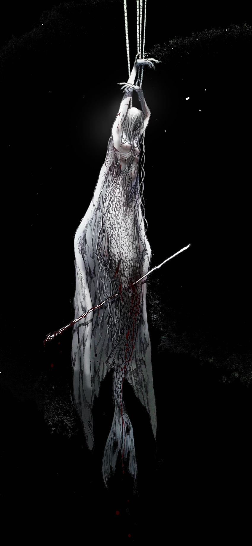 1508_1508 1girl absurdres black_background bleeding blood blood_on_arm blood_on_chest blood_on_weapon bound completely_nude covered_face cuts feathered_wings fins full_body hair_between_breasts hair_over_face hanging highres impaled injury korean_commentary long_hair mermaid monster_girl navel nipples nude original polearm ribs rope simple_background solo spear tied_up_(nonsexual) very_long_hair weapon wet white_hair white_wings wings