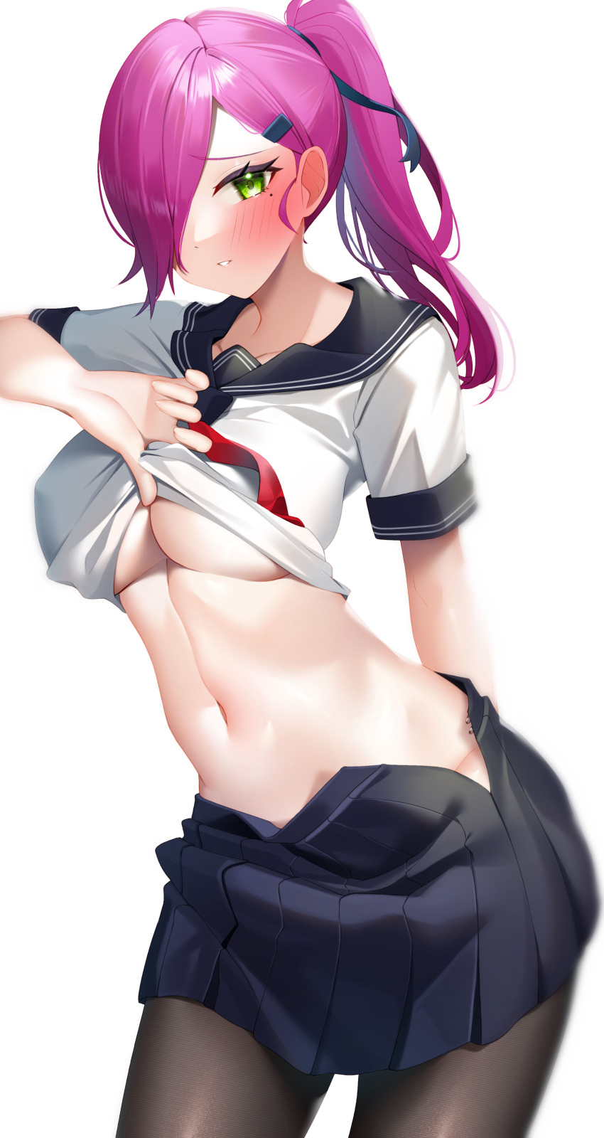 1girl absurdres azur_lane black_legwear black_sailor_collar black_skirt blue_ribbon blush breasts clothes_lift cowboy_shot green_eyes hair_over_one_eye hair_ribbon highres lifted_by_self long_hair looking_at_viewer medium_breasts miniskirt mole mole_under_eye navel neckerchief official_alternate_costume pantyhose partially_unzipped pleated_skirt purple_hair red_neckerchief ribbon sailor_collar school_uniform seele0907 shirt shirt_lift short_sleeves simple_background skirt solo trieste_(azur_lane) trieste_(rooftop_lunch_break)_(azur_lane) white_background white_shirt