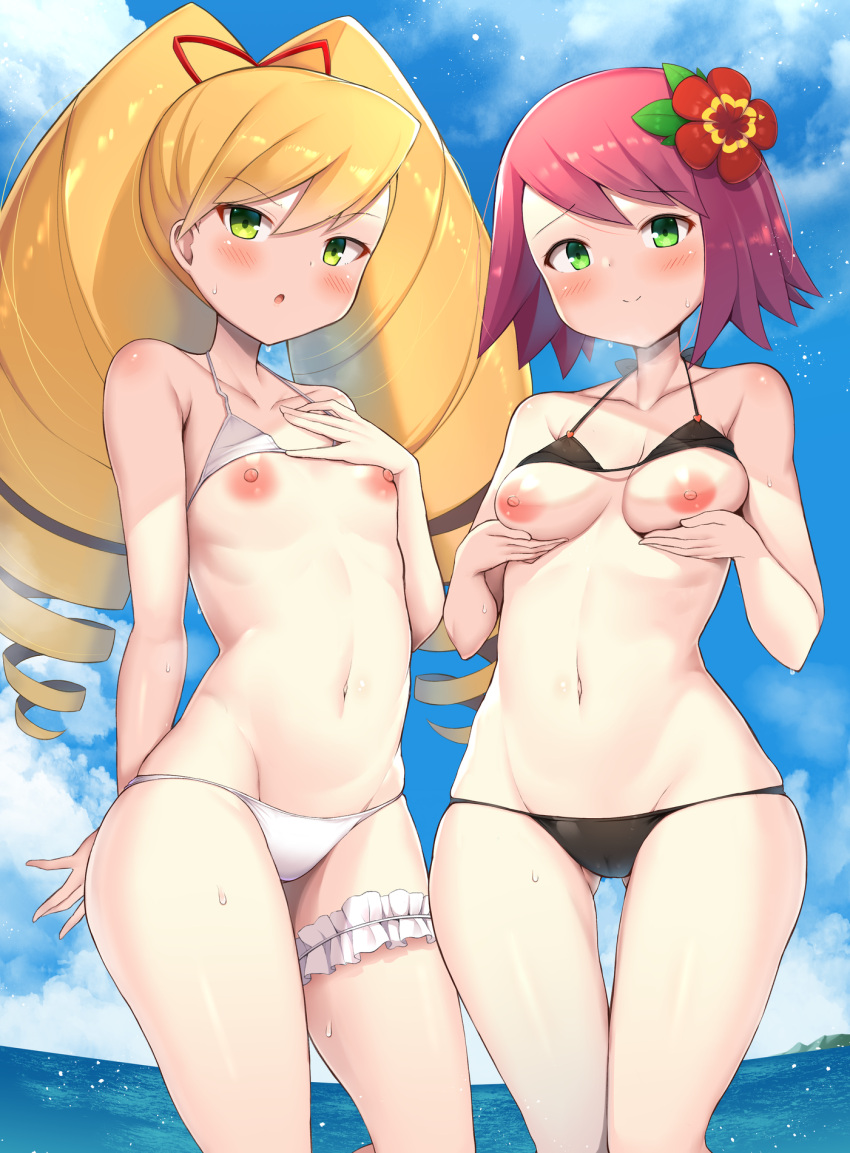 2girls :o arm_behind_back bangs bare_shoulders big_hair bikini bikini_lift blonde_hair blue_sky blush breasts closed_mouth clothes_lift cloud collarbone commentary_request cowboy_shot day drill_hair eyebrows_visible_through_hair flat_chest green_eyes groin hair_between_eyes hair_ribbon hand_on_own_chest hanetu highres long_hair looking_at_viewer luna_platz_(mega_man) mega_man_(series) mega_man_star_force multiple_girls navel nipples ocean outdoors parted_lips red_ribbon ribbon sidelocks skindentation sky small_breasts smile sonia_strumm_(mega_man) standing stomach sweat swimsuit thigh_strap twin_drills white_bikini