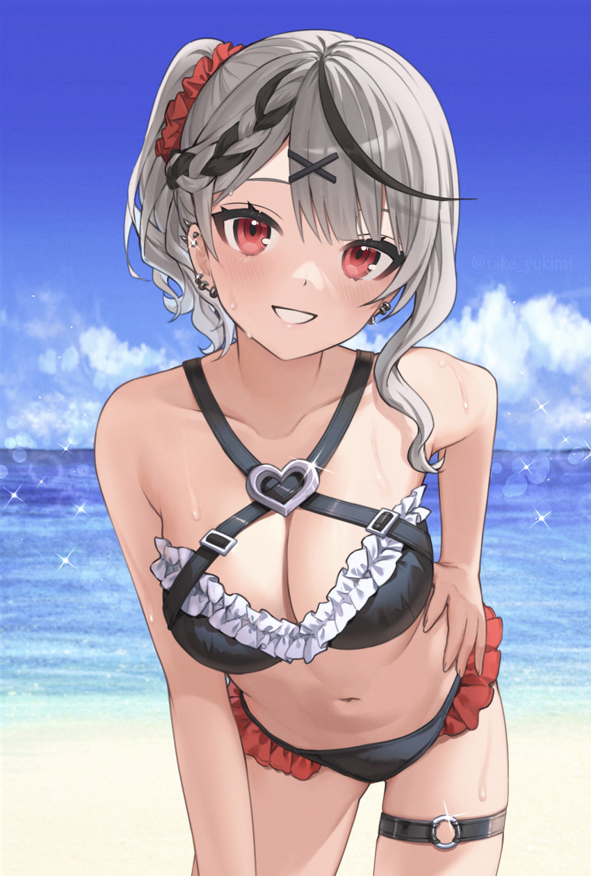 1girl absurdres bare_arms bare_shoulders beach bikini black_bikini blue_sky braid breasts cleavage cloud collarbone cowboy_shot criss-cross_halter day ear_piercing earrings frilled_bikini frills grey_hair grin hair_ornament hair_scrunchie hairclip halterneck hand_on_hip highres hololive jewelry large_breasts leaning_forward looking_at_viewer multicolored_hair navel ocean outdoors piercing red_eyes sakamata_chloe scrunchie short_hair sky smile solo standing stomach streaked_hair swimsuit tate_yukimi thigh_strap thighs virtual_youtuber wavy_hair x_hair_ornament