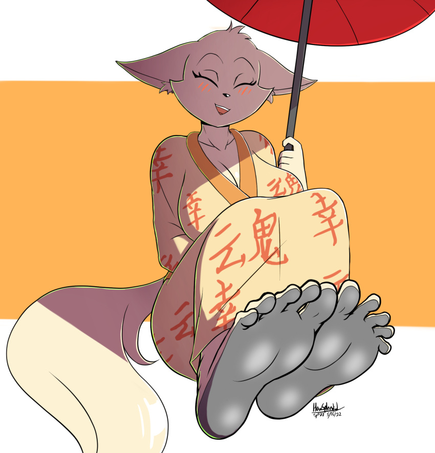 5_toes anthro asian_clothing big_breasts blush breasts canid canine cleavage clothed clothing east_asian_clothing eyes_closed feet female fennec foot_focus fox hi_res howsplendid huge_breasts humanoid_feet japanese_clothing kimono kimota looking_at_viewer mammal open_mouth open_smile parasol sitting smile solo toes