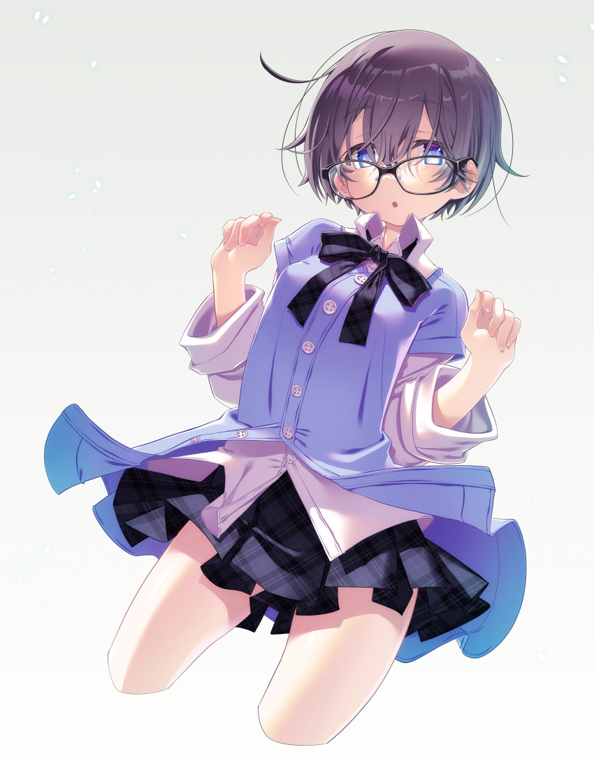 1girl :o absurdres bangs black-framed_eyewear black_bow black_hair black_skirt blue_eyes bow breasts collared_shirt commentary_request cropped_legs dress_shirt eyebrows_visible_through_hair glasses grey_background hair_between_eyes hands_up highres jacket layered_sleeves long_sleeves looking_at_viewer original parted_lips plaid plaid_bow plaid_skirt pleated_skirt purple_jacket sakuya_tsuitachi shirt short_over_long_sleeves short_sleeves simple_background skirt small_breasts solo thick_eyebrows white_shirt