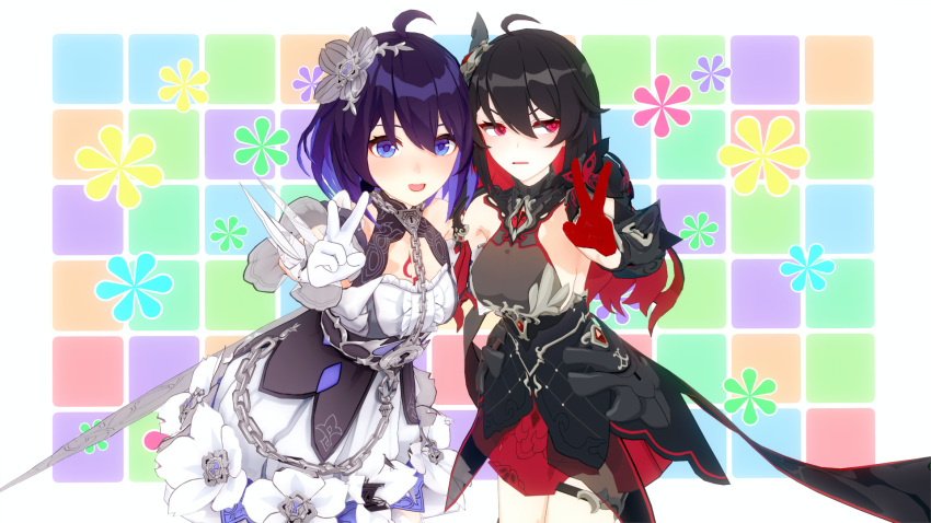 2girls ahoge bangs biscuit_(yend4758) black_hair blue_eyes blue_hair blush chain dress dual_persona floral_background flower gloves hair_flower hair_ornament half_gloves highres honkai_(series) honkai_impact_3rd keyhole koikatsu_(medium) long_hair looking_to_the_side multicolored_hair multiple_girls open_mouth purple_hair red_eyes red_gloves red_hair seele_(alter_ego) seele_vollerei seele_vollerei_(starchasm_nyx) seele_vollerei_(stygian_nymph) short_hair tile_background two-tone_hair v white_gloves