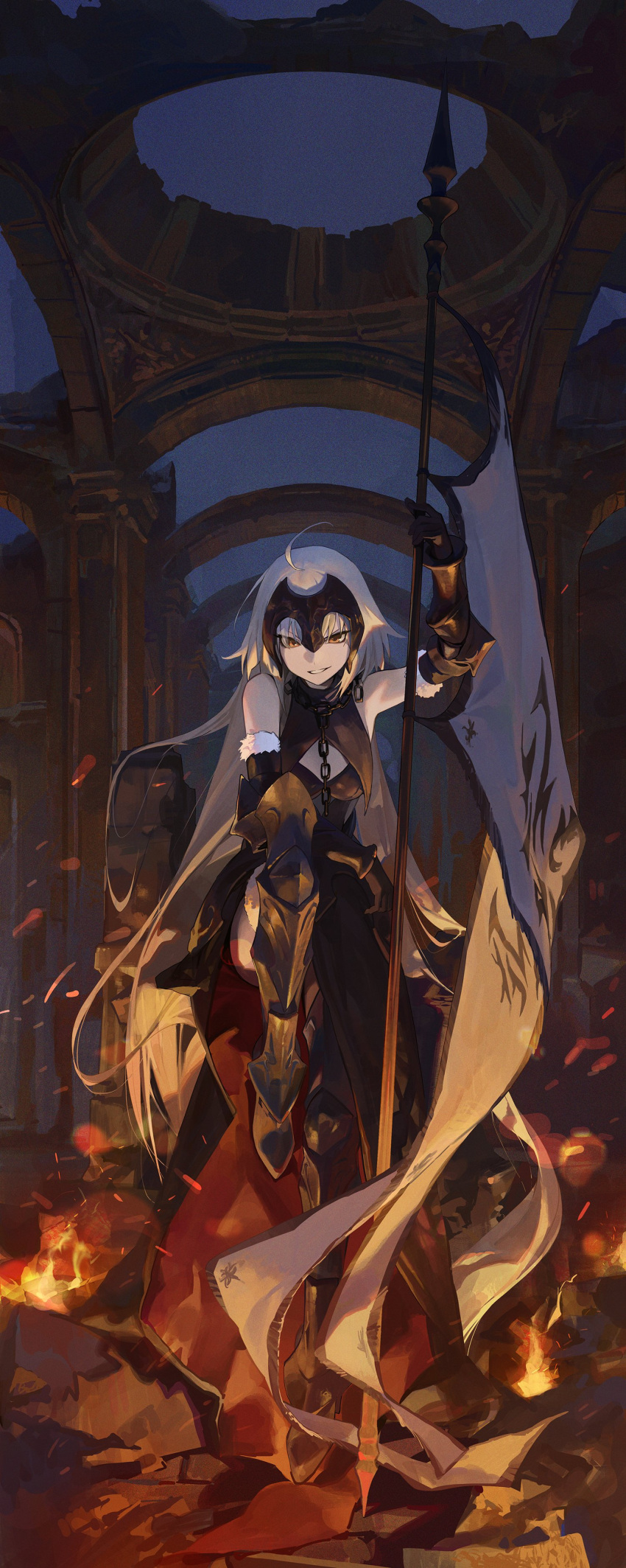 1girl absurdres ahoge armor bangs bare_shoulders black_gloves breasts chain cleavage clothing_cutout commentary_request elbow_gloves evillious_nendaiki eyebrows_visible_through_hair fate/grand_order fate_(series) fire flag full_body fur_trim gauntlets gloves headpiece highres holding holding_flag jeanne_d'arc_alter_(avenger)_(fate) jeanne_d'arc_alter_(avenger)_(third_ascension)_(fate) jeanne_d'arc_alter_(fate) large_breasts long_hair looking_at_viewer modare navel_cutout smile solo thighhighs very_long_hair weapon yellow_eyes
