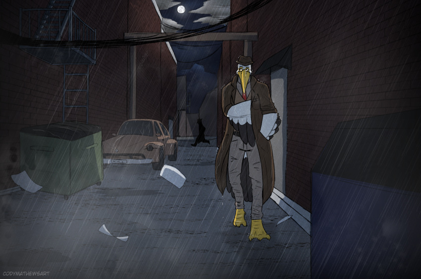 alley avian barefoot beak bird car clothing cloud coat detective dumpster feathers feet full_moon hat headgear headwear hi_res moon necktie night noir pelecaniform pelican raining silhouette topwear trenchcoat vehicle