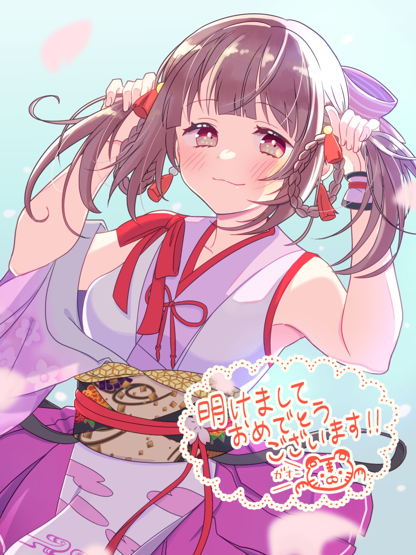 1girl absurdres bangs blunt_bangs blush bow braid brown_eyes brown_hair bunching_hair closed_mouth collarbone commentary_request etra-chan_wa_mita! etra_(etra-chan_wa_mita!) eyebrows_visible_through_hair hair_bow highres long_hair nyako_(lhq3p) pink_skirt red_bow red_ribbon ribbon skirt sleeveless smile solo translation_request virtual_youtuber