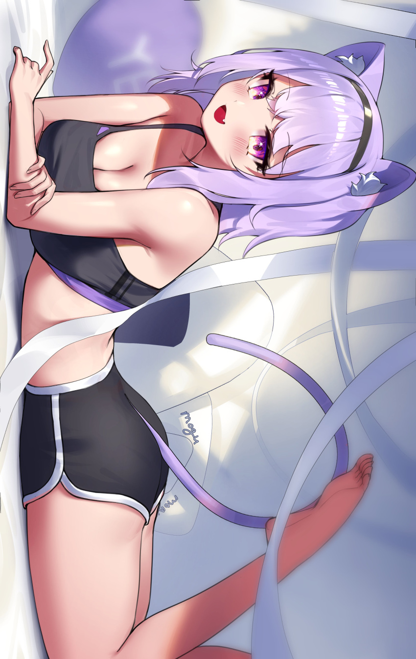 1girl :d absurdres animal_ears ass bangs black_shorts blurry blurry_background blush breasts cat_ears cat_tail commentary crop_top depth_of_field dolphin_shorts feet_up foot_out_of_frame hairband highres hololive looking_at_viewer lying medium_breasts nekomata_okayu on_stomach purple_eyes purple_hair sbgu shorts sideways smile solo sparkling_eyes tail the_pose yes-no_pillow