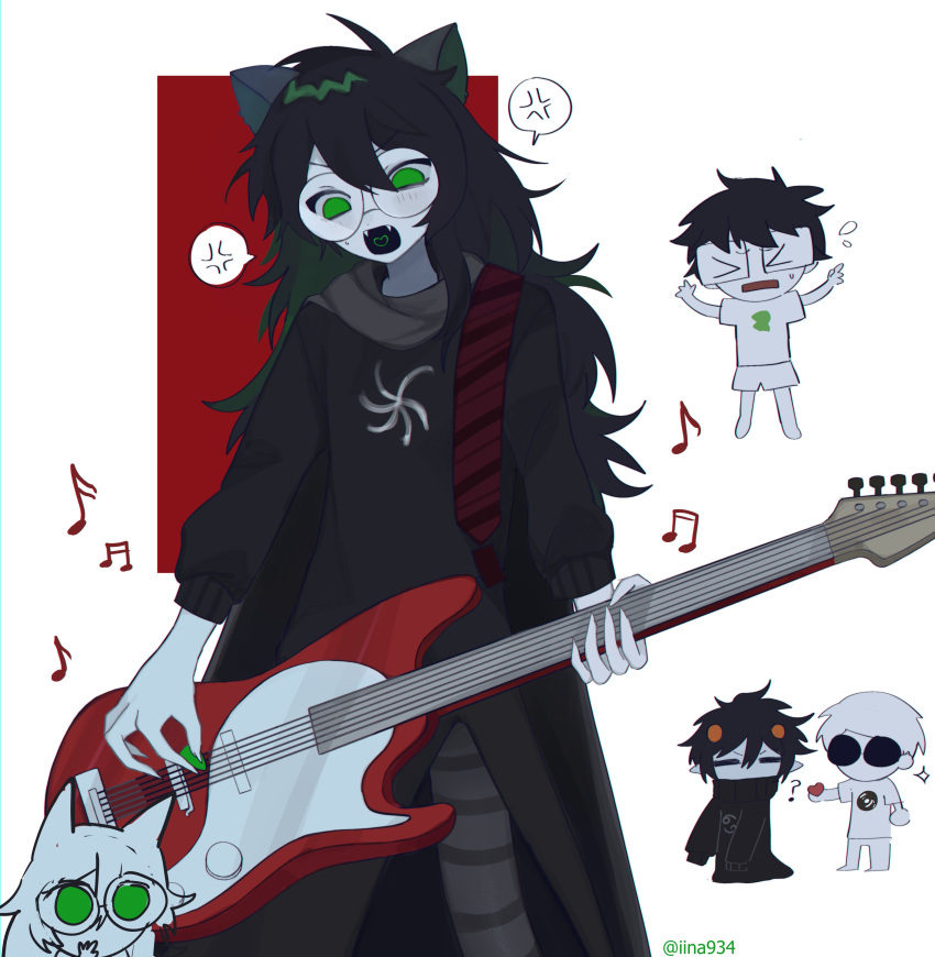 &gt;_&lt; 1girl 3boys absurdres anger_vein animal_ears apple black_hair blonde_hair colored_skin dave_strider dog_ears food fruit glasses grey_skin guitar highres holding holding_instrument homestuck hooded_shirt iina934 instrument jade_harley john_egbert karkat_vantas long_hair long_skirt multiple_boys music playing_instrument short_hair skirt striped striped_legwear sunglasses troll_(homestuck)