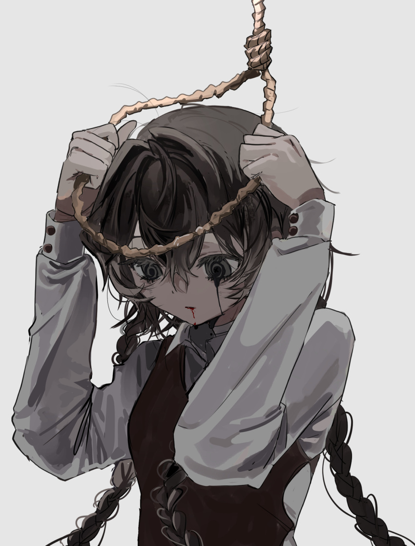 1girl @_@ absurdres bangs blood blood_from_mouth braid breasts brown_hair brown_vest collared_shirt crying crying_with_eyes_open eyebrows_behind_hair grey_background grey_eyes hair_between_eyes hair_strand highres holding limited_palette long_hair looking_down noose original runny_makeup shirt shitose simple_background small_breasts solo suicide tears twin_braids upper_body very_long_hair vest waistcoat white_shirt