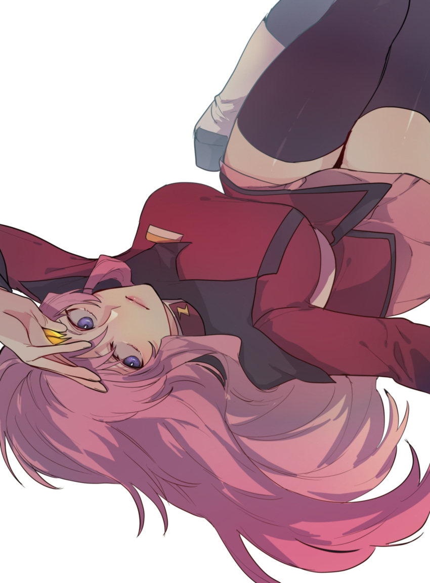 1girl absurdres bangs black_legwear blue_eyes closed_mouth cosplay gundam gundam_seed gundam_seed_destiny hair_between_eyes highres jacket lacus_clyne long_hair looking_at_viewer lunamaria_hawke lunamaria_hawke_(cosplay) lying miniskirt on_back otenki93 pink_hair pink_skirt red_jacket skirt solo thighhighs very_long_hair zettai_ryouiki