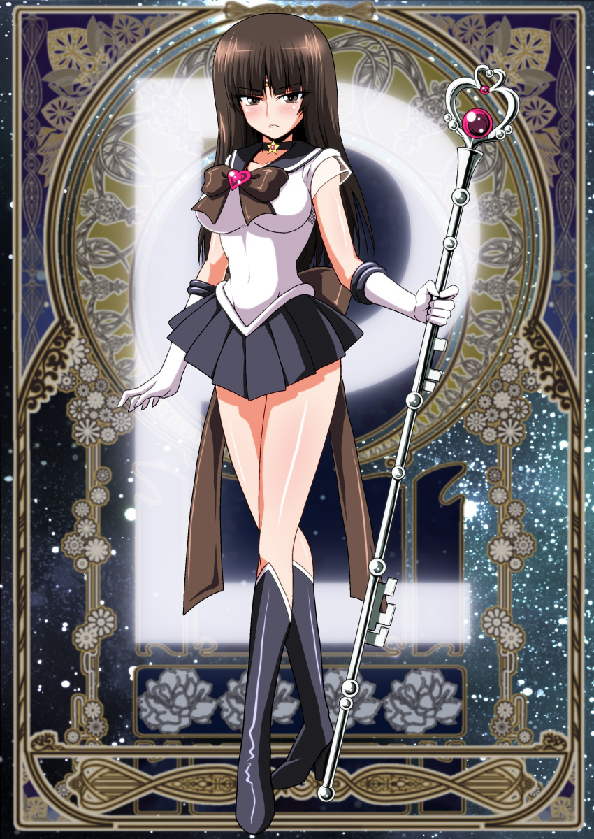 1girl absurdres bishoujo_senshi_sailor_moon boots breasts brown_eyes brown_hair brown_ribbon choker cosplay covered_navel elbow_gloves eyebrows_visible_through_hair frown full_body girls_und_panzer gloves high_heel_boots high_heels highres kamishima_kanon knee_boots long_hair medium_breasts miniskirt nishizumi_shiho parted_lips pleated_skirt ribbon sailor_pluto sailor_pluto_(cosplay) skirt solo staff white_gloves