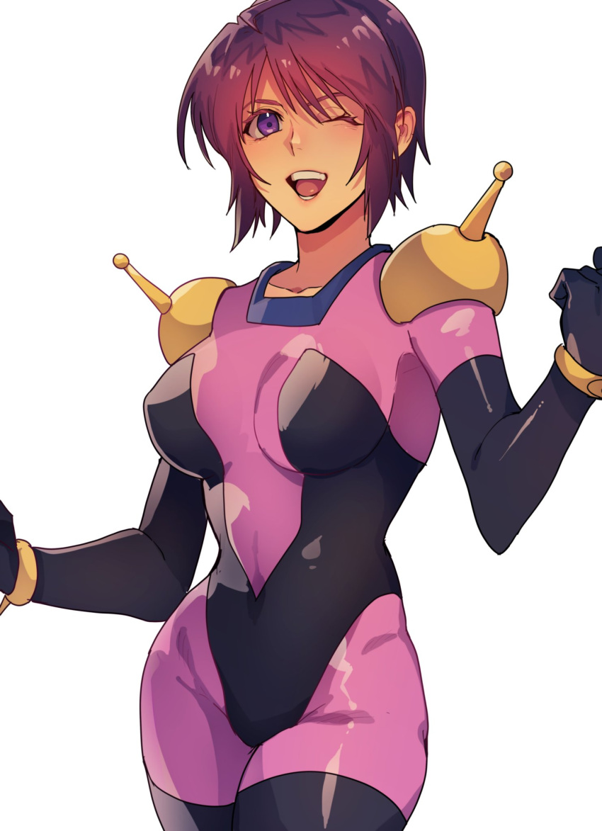 1girl ;d bangs black_bodysuit black_gloves bodysuit breasts brown_hair cosplay cowboy_shot elbow_gloves gloves gundam gundam_seed gundam_seed_destiny hair_between_eyes highres looking_at_viewer lunamaria_hawke medium_breasts mobile_trace_suit one_eye_closed open_mouth otenki93 pink_bodysuit purple_eyes rain_mikamura rain_mikamura_(cosplay) short_hair simple_background smile solo standing two-tone_bodysuit white_background