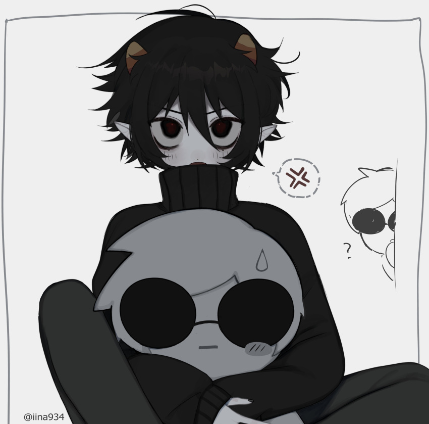 2boys absurdres anger_vein black_hair character_doll colored_skin dave_strider doll doll_hug grey_skin highres holding holding_doll homestuck horns iina934 karkat_vantas multiple_boys object_hug short_hair stuffed_toy sunglasses sweater troll_(homestuck) white_hair