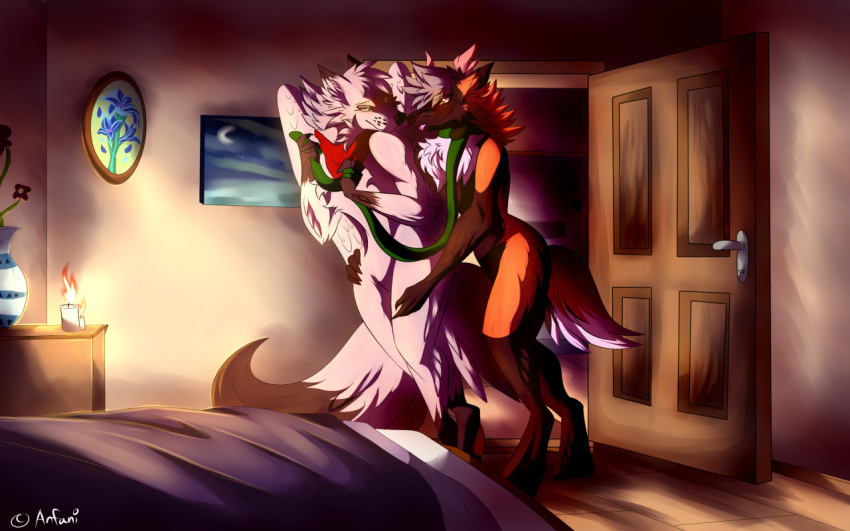 16:10 anfani_(artist) anniversary_gift anthro bedroom blep blepping candle canid canine canis collar couple_(disambiguation) cross_deer_fox cross_fox date deer_fox duo flower fox gift hands_on_waist holding_leash holding_object hybrid leash love male male/male mammal nuzzling open_door paintings plant red_fox silver_(sparrowlark) spire_wolf tongue tongue_out vase widescreen wolf