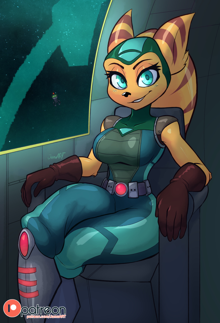 angela_cross anthro breasts chair clank_(ratchet_and_clank) clothing female furniture gloves green_eyes handwear hi_res insomniac_games jamoart lombax looking_at_viewer machine mammal on_chair ratchet_and_clank robot sitting sitting_on_chair smile solo sony_corporation sony_interactive_entertainment space stripes video_games