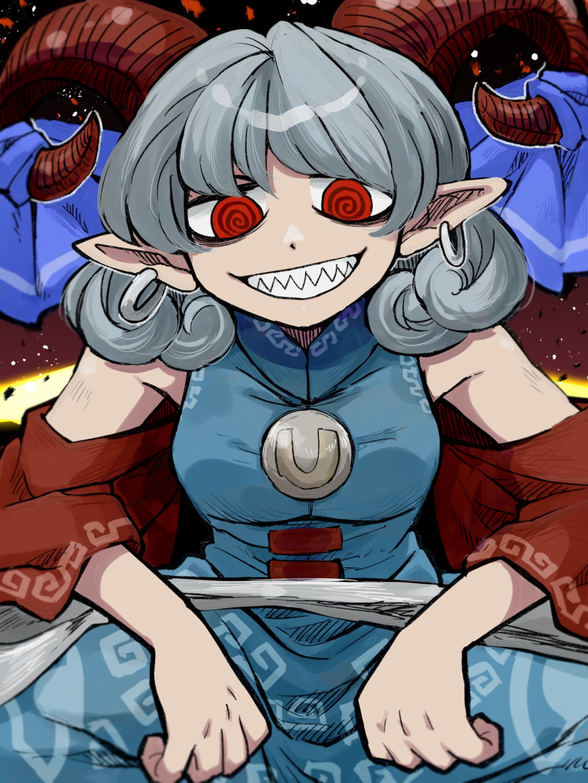 1girl @_@ bangs blue_dress blue_ribbon curled_horns curly_hair detached_sleeves dress earrings furukawa_(yomawari) grey_hair grin highres horn_ornament horn_ribbon horns jewelry looking_at_viewer meandros pointy_ears red_eyes red_horns red_sleeves ribbon sharp_teeth sheep_horns short_hair smile solo teeth touhou toutetsu_yuuma utensil