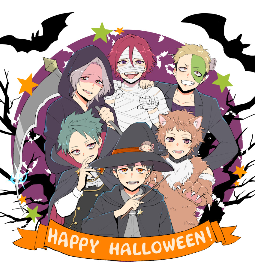 6+boys absurdres akamatsu_(etra-chan_wa_mita!) animal_costume animal_ears animal_hands bandages bangs bat black_choker black_cloak black_hair black_jacket blazer blonde_hair bolt brown_eyes choker cloak collarbone cosplay death_(entity) etra-chan_wa_mita! etra_(etra-chan_wa_mita!) frankenstein's_monster frankenstein's_monster_(cosplay) green_hair grim_reaper grim_reaper_(cosplay) halloween halloween_costume hand_on_another's_shoulder happy_halloween hat highres hiiragi_(etra-chan_wa_mita!) holding holding_scythe holding_wand jacket katsura_(etra-chan_wa_mita!) kuroki_(etra-chan_wa_mita!) long_sleeves looking_at_viewer male_focus multiple_boys mummy_costume nyako_(lhq3p) open_clothes open_jacket open_mouth orange_eyes purple_eyes purple_hair red_eyes red_hair scythe short_hair smile stitches tachibana_(etra-chan_wa_mita!) teeth tokusa_(etra-chan_wa_mita!) tongue tongue_out transparent_background undercut upper_teeth vampire_costume wand witch_hat wolf_costume wolf_ears