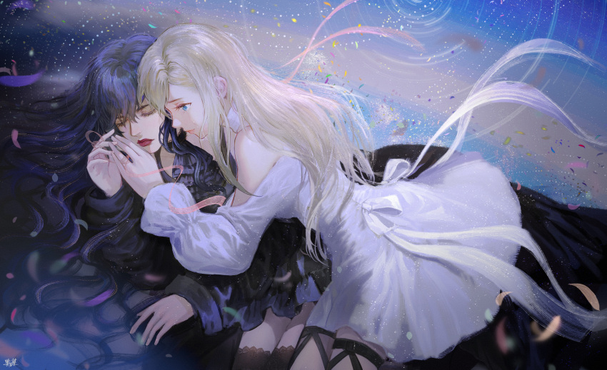 2girls absurdres ascot bangs bare_shoulders black_ascot black_hair black_legwear blonde_hair blue_eyes cacanep chinese_commentary closed_eyes commentary_request dress feet_out_of_frame final_fantasy final_fantasy_xiv gaia_(ff14) highres hyur imminent_hand_holding long_hair long_sleeves looking_at_another lying lying_on_person multiple_girls off-shoulder_dress off_shoulder on_side petals pink_ribbon puffy_long_sleeves puffy_sleeves red_lips ribbon ryne signature thigh_strap thighhighs white_dress yuri