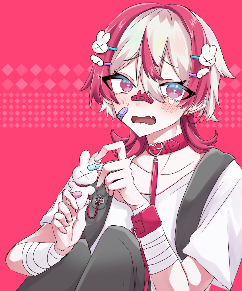 1boy absurdres bandages bandaid bandaid_on_cheek bandaid_on_face bandaid_on_nose blush bunny_hair_ornament collar crazy fang hair_ornament heart highres male_focus multicolored_hair noma_ebi original pink_eyes pink_hair short_hair skin_fang solo split-color_hair white_hair yami_kawaii