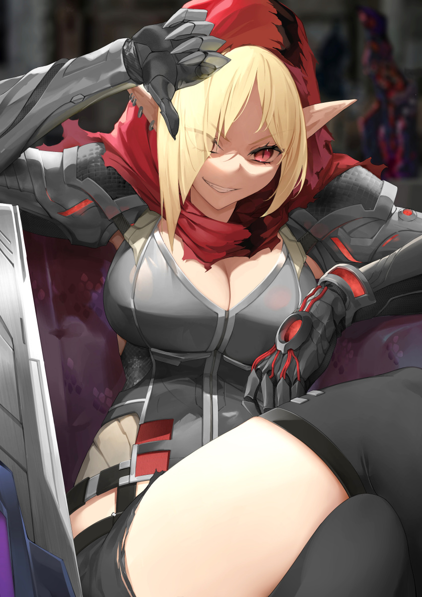 1girl absurdres arm_up black_legwear blonde_hair blurry blurry_background breasts bustier cleavage ear_piercing executive_red_hood_arabelle eyebrows_visible_through_hair eyes_visible_through_hair grin guardian_tales highres large_breasts mechanical_arms medium_hair mk87 piercing pointy_ears red_eyes red_hood sitting smile solo thumbs_down