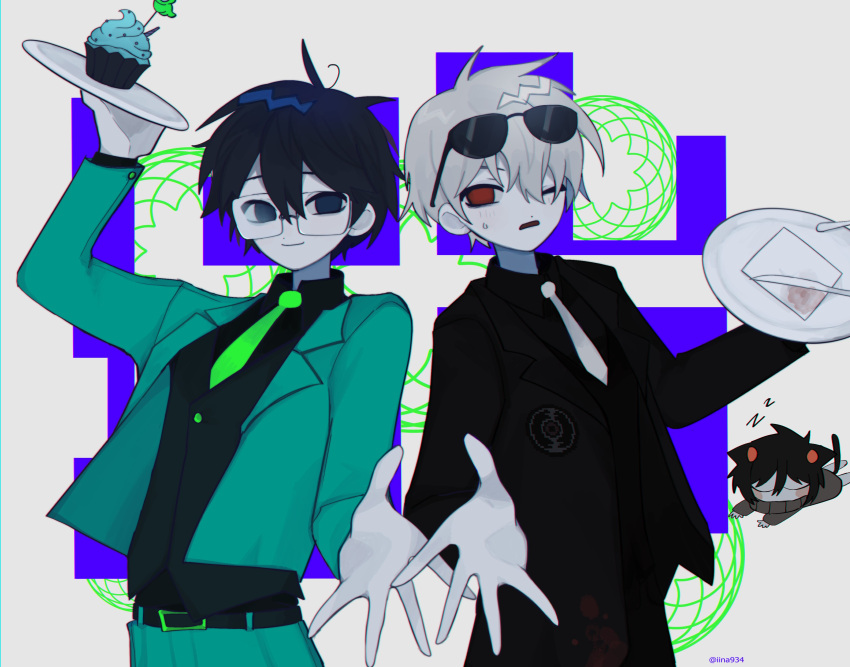 3boys absurdres black_hair colored_skin cupcake dave_strider food formal glasses grey_skin highres homestuck horns iina934 john_egbert karkat_vantas multiple_boys necktie one_eye_closed short_hair suit sunglasses sweater troll_(homestuck) white_hair