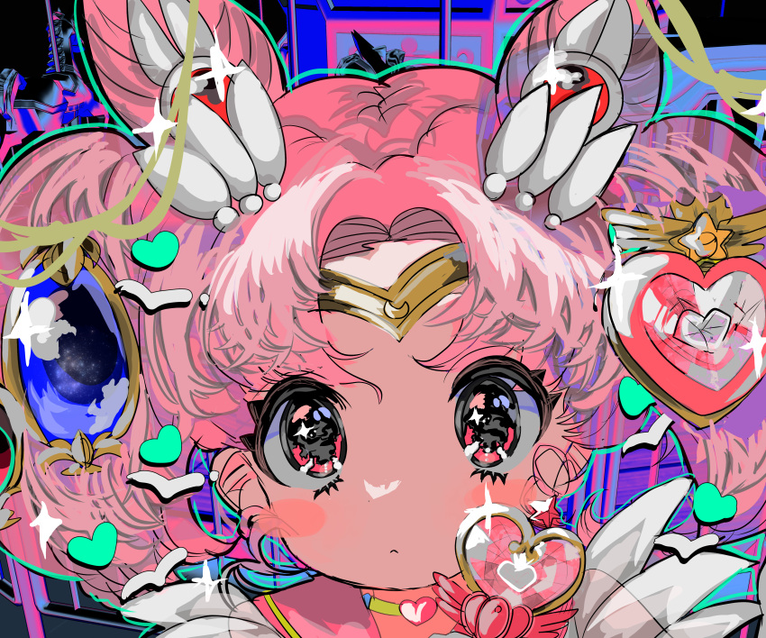 1girl absurdres bishoujo_senshi_sailor_moon chibi_usa choker circlet double_bun heart highres looking_at_viewer momae_makku multicolored_hair pink_eyes pink_hair sailor_chibi_moon sailor_moon solo super_sailor_chibi_moon twintails wand