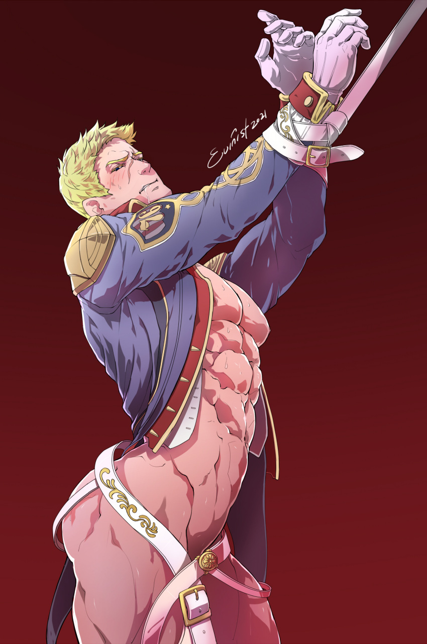 1boy abs artist_name ass bara bare_pectorals belt blonde_hair blue_eyes blue_jacket blush bottomless bound bound_wrists evinist gloves highres jacket large_pectorals male_focus muscular muscular_male naked_jacket navel nipples open_clothes open_jacket overwatch pectorals saliva short_hair soldier:_76_(overwatch) solo white_belt white_gloves