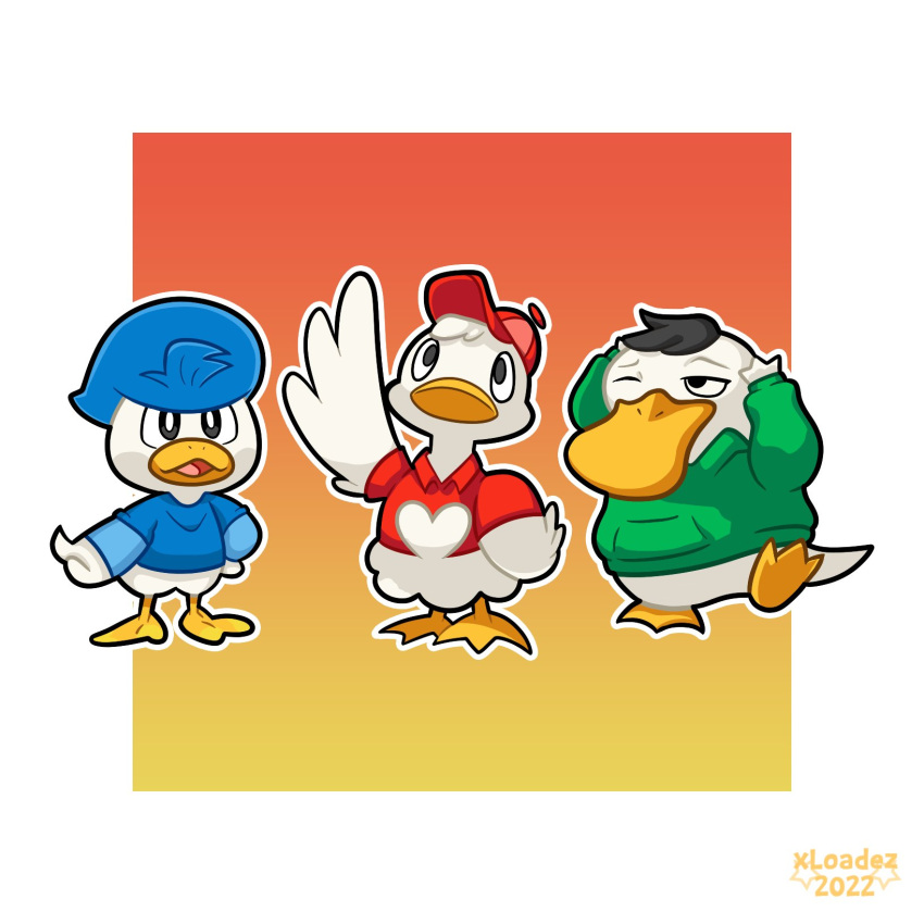 anatid anseriform avian bird blue_clothing blue_hair blue_shirt blue_topwear clothing dewey_duck disney duck ducklett ducktales ducktales_(2017) green_clothing green_hoodie green_topwear group hair hat headgear headwear heart_(marking) hi_res hoodie huey_duck louie_duck male nintendo pok&eacute;mon pok&eacute;mon_(species) psyduck quaxly red_clothing red_hat red_headwear red_shirt red_topwear shirt topwear trio video_games xloadez