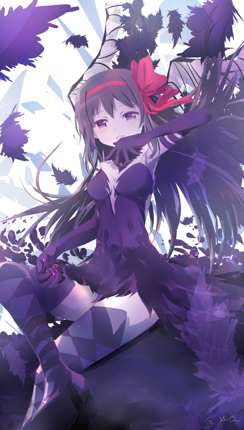 1girl absurdres akuma_homura argyle argyle_legwear bangs black_hair bow bow_hairband breasts cleavage detached_collar dress elbow_gloves floating_hair gloves grin hair_between_eyes hair_bow hairband highres holding long_hair looking_at_viewer mahou_shoujo_madoka_magica purple_dress purple_eyes purple_gloves red_bow red_hairband sengoku_chidori short_dress sitting small_breasts smile solo strapless strapless_dress thighhighs very_long_hair