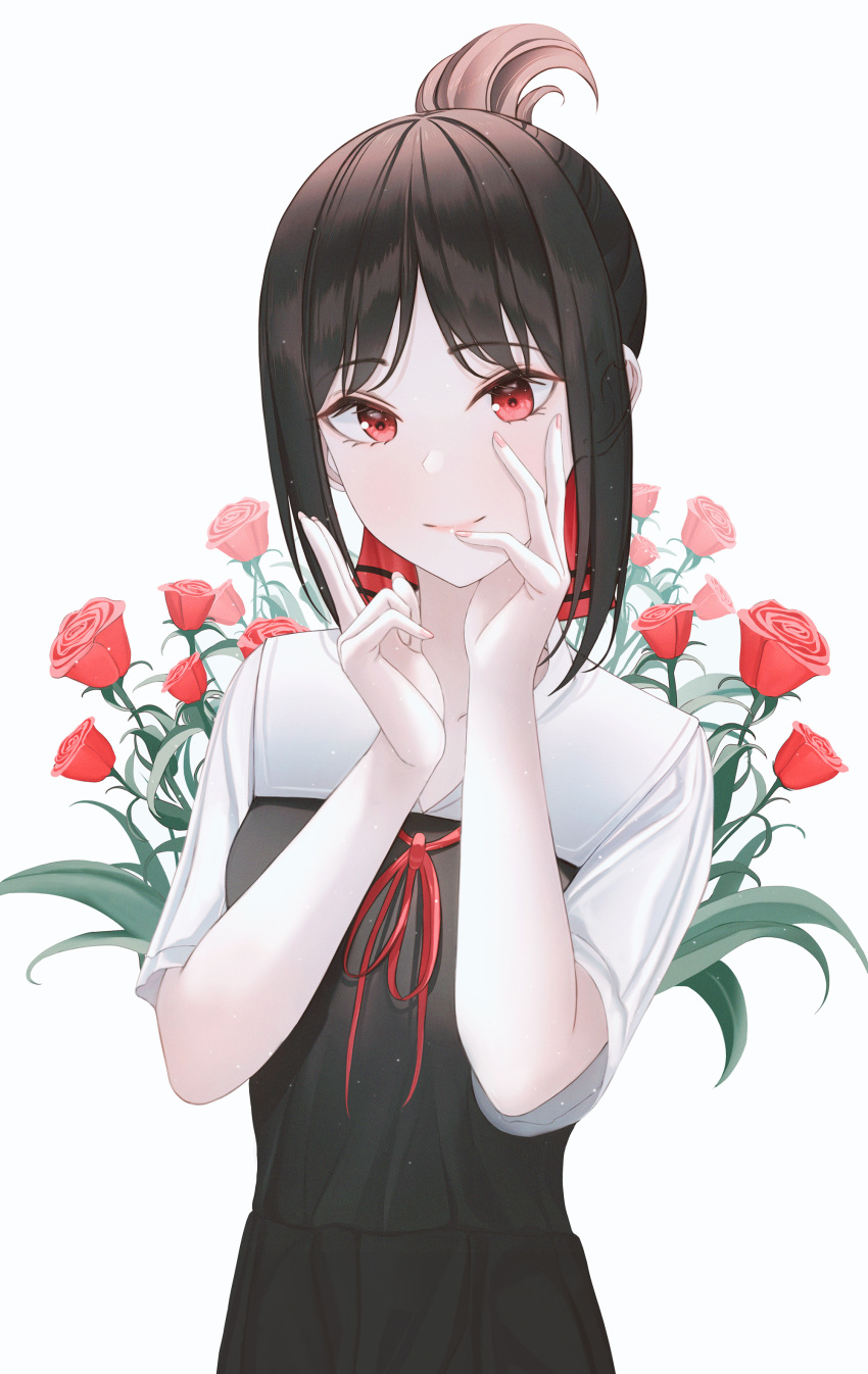 1girl absurdres bangs black_hair black_vest closed_mouth eyelashes highres kaguya-sama_wa_kokurasetai_~tensai-tachi_no_renai_zunousen~ looking_at_viewer nail_polish neck_ribbon parted_bangs pink_nails red_eyes red_ribbon ribbon school_uniform shinomiya_kaguya shiny shiny_hair short_hair short_sleeves shuuchiin_academy_school_uniform sidelocks simple_background smile solo upper_body vest white_background white_sleeves youngsok