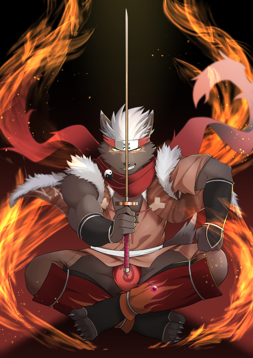 absurd_res accessory asian_clothing burn_scar canid canine chaps clothing east_asian_clothing fire fundoshi hair headband hi_res japanese_clothing lifewonders looking_at_viewer male mammal melee_weapon muscular muscular_male red_eyes scar scarf smile smirk solo sword tadatomo tokyo_afterschool_summoners underwear video_games weapon white_hair yellow_sclera