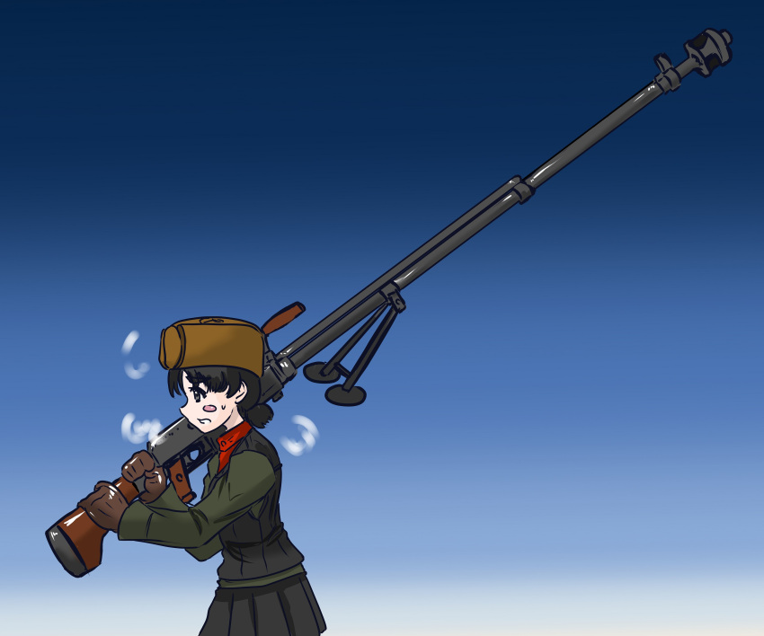 1girl absurdres anti-materiel_rifle bangs black_eyes black_gloves black_hair black_vest blue_sky blush_stickers breath brown_headwear clear_sky commentary from_side fur_hat girls_und_panzer gloves green_jacket gun hat highres holding holding_gun holding_weapon jacket long_sleeves low_twintails military military_uniform miniskirt moesenyukikaze nina_(girls_und_panzer) over_shoulder pleated_skirt pravda_military_uniform ptrd-41 red_shirt rifle shirt short_hair short_twintails skirt sky sniper_rifle solo turtleneck twintails uniform ushanka vest weapon weapon_over_shoulder