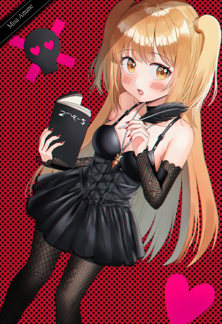 1girl absurdres amane_misa bangs bare_shoulders black_choker black_dress black_legwear black_sleeves blonde_hair blush book breasts brown_eyes choker cleavage commentary_request death_note detached_sleeves dress eyebrows_visible_through_hair eyes_visible_through_hair highres holding holding_book jewelry kubong long_hair long_sleeves looking_at_viewer medium_breasts nail_polish necklace open_book open_mouth pantyhose pen pendant pleated_dress polka_dot polka_dot_background quill red_background red_nails sleeveless sleeveless_dress sleeves_past_wrists solo two_side_up very_long_hair yellow_eyes