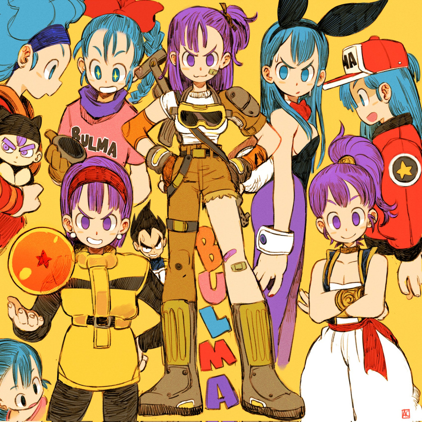 afro andrea_cofrancesco animal_ears asymmetrical_pants baby black_hair blue_hair boots bracer breasts bulma character_name cleavage crossed_arms dragon_ball dragon_ball_(classic) fake_animal_ears goggles goggles_around_neck hairband hat highres jacket leotard mother_and_son multiple_persona pantyhose playboy_bunny purple_hair rabbit_ears smile sparkling_eyes trunks_(dragon_ball) vegeta yellow_background