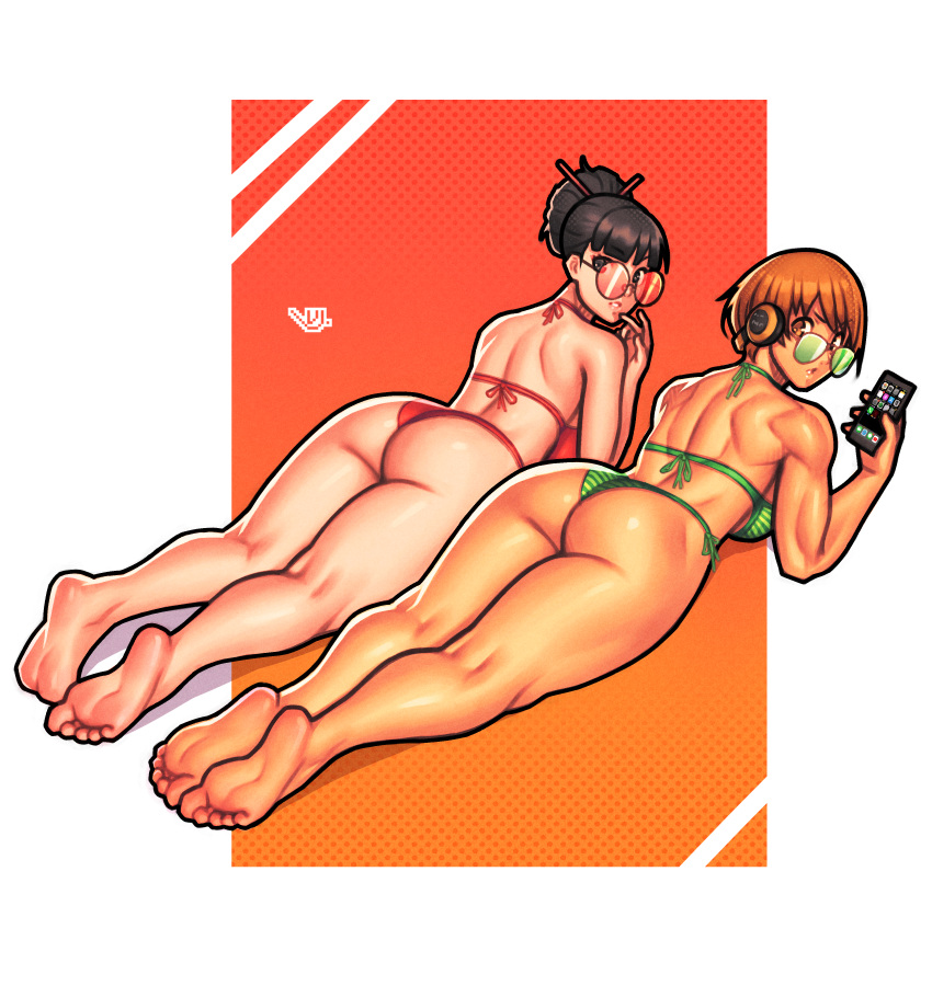 2girls absurdres alternate_hair_length alternate_hairstyle amagi_yukiko ass back bangs behind-the-head_headphones bikini black_hair breasts brown_eyes brown_hair cellphone english_commentary from_behind full_body green-tinted_eyewear green_bikini grey_eyes hair_bun hair_ornament hair_stick halter_top halterneck headphones highres holding holding_phone iphone kneepits legs_together looking_back lying medium_breasts multiple_girls muscular muscular_female on_stomach orange_background outside_border parted_lips persona persona_4 phone red-tinted_eyewear red_bikini round_eyewear satonaka_chie short_hair shoulder_blades side-by-side side-tie_bikini smartphone soles striped striped_bikini sunglasses swimsuit tan thick_thighs thighs tinted_eyewear toes updo vj99 wireless